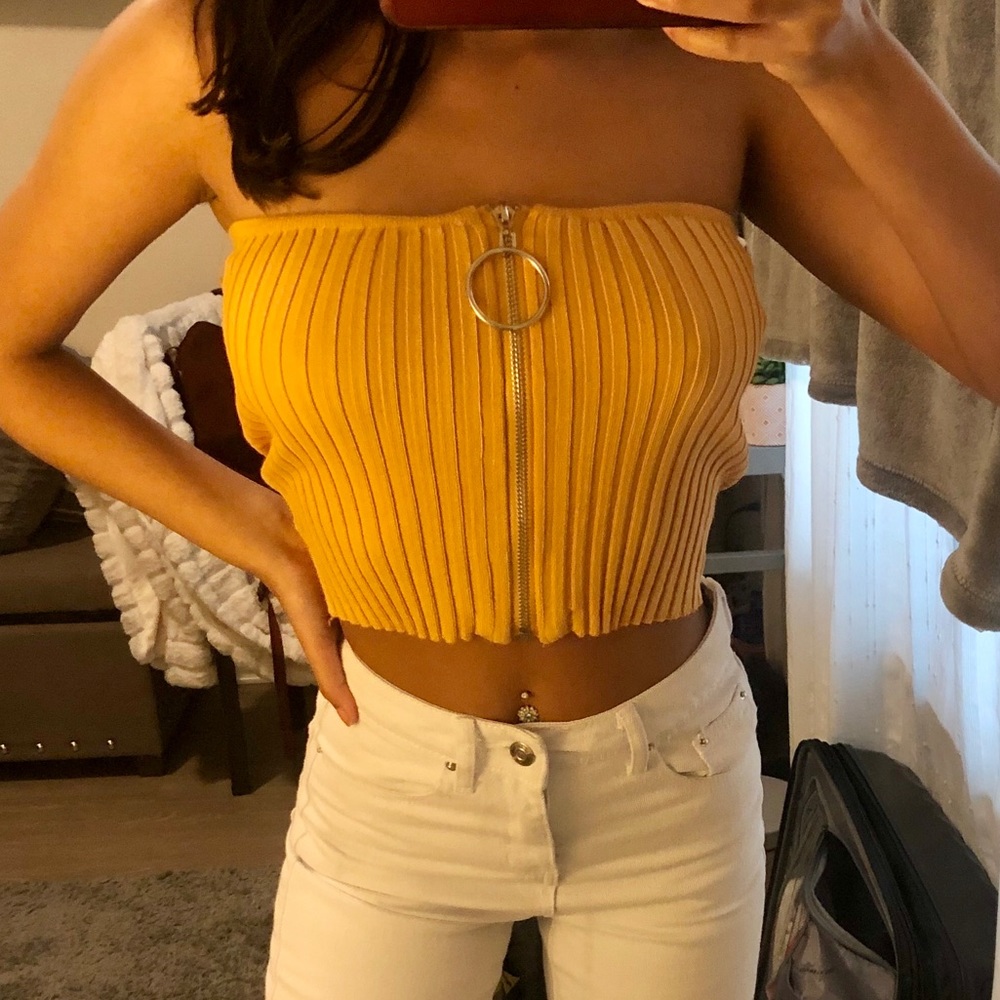 mustard zip up crop top